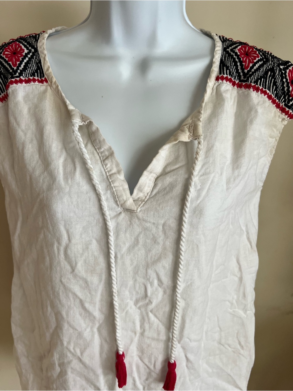 Embroidered White Boho Peasant Top with Red Accent